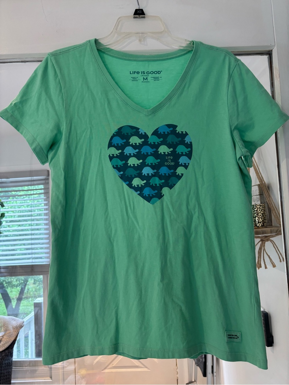 Life Is Good Mint Green V-Neck Tee with Blue‎ Heart Turtle Graphic